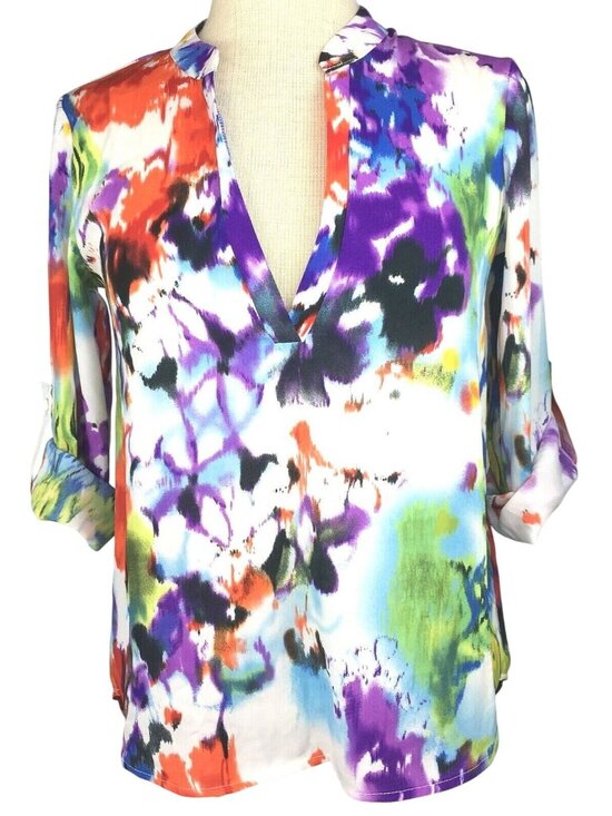 Chelsea Taylor Tops - Chelsea Taylor Womens Top Small Watercolor V-neck Tab Sleeve Hi Low Hem Colorful